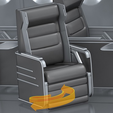 Interior do avião: calha articulada no ajuste giratório do assento